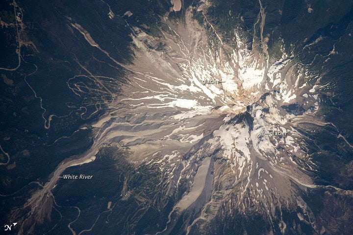 NASA astronaut photograph of Mount Hood, its glaciers and the White River drainage, August 2009