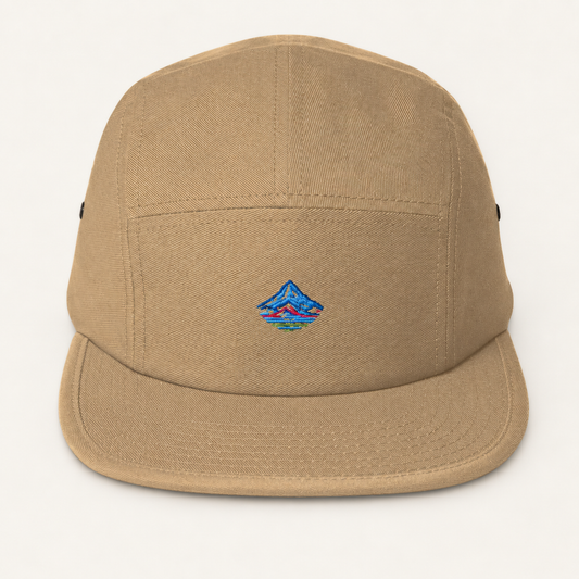 the mt hood five panel hat on a warm neutral studio background