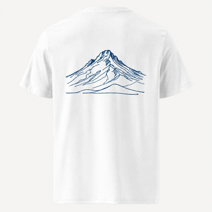 White Mt. Hood Linework Organic Cotton Tee, back with blue mountain drawing