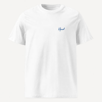 White Mt. Hood Linework Organic Cotton Tee, front with blue Hood script