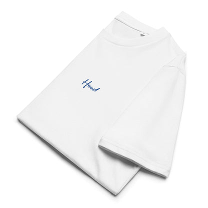 Folded white Mt. Hood Linework Tee with blue Hood chest script