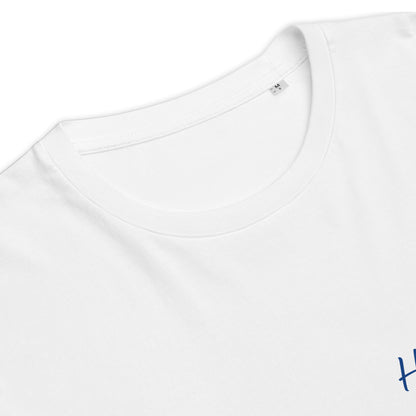 White organic cotton tee, ribbed collar and fabric close-up
